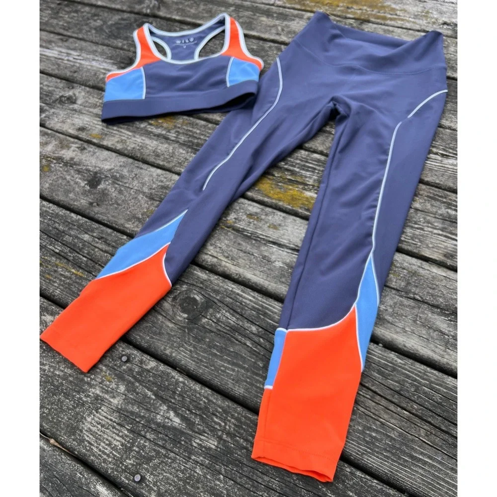 WILO Activewear Set Women Small Blue Orange Ribbed Colorblock Sports Bra Legging